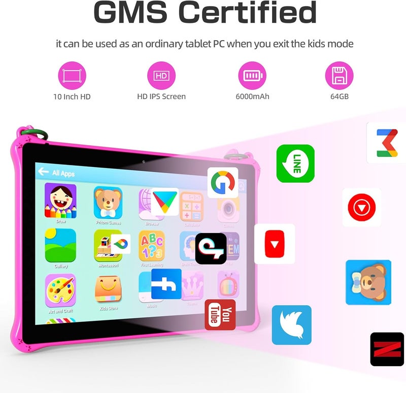 PRITOM تابلت للأطفال 10 بوصة بنظام أندرويد 13، تابلت مع حبل 64 جيجابايت، رباعي النواة، شاشة HD IPS، واي فاي، كاميرا مزدوجة، تابلت للأطفال، وردي - Image 3